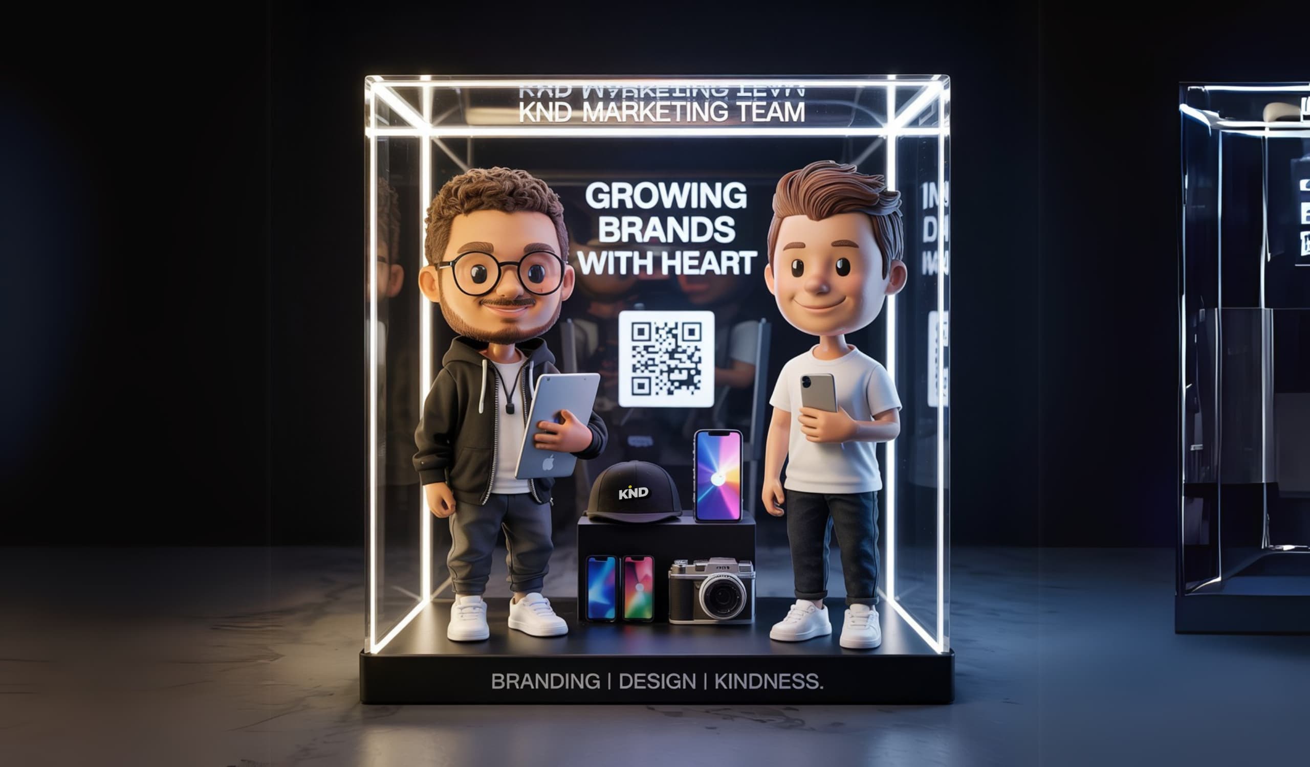 KND Marketing team figurines in a glass display: Growing brands with heart